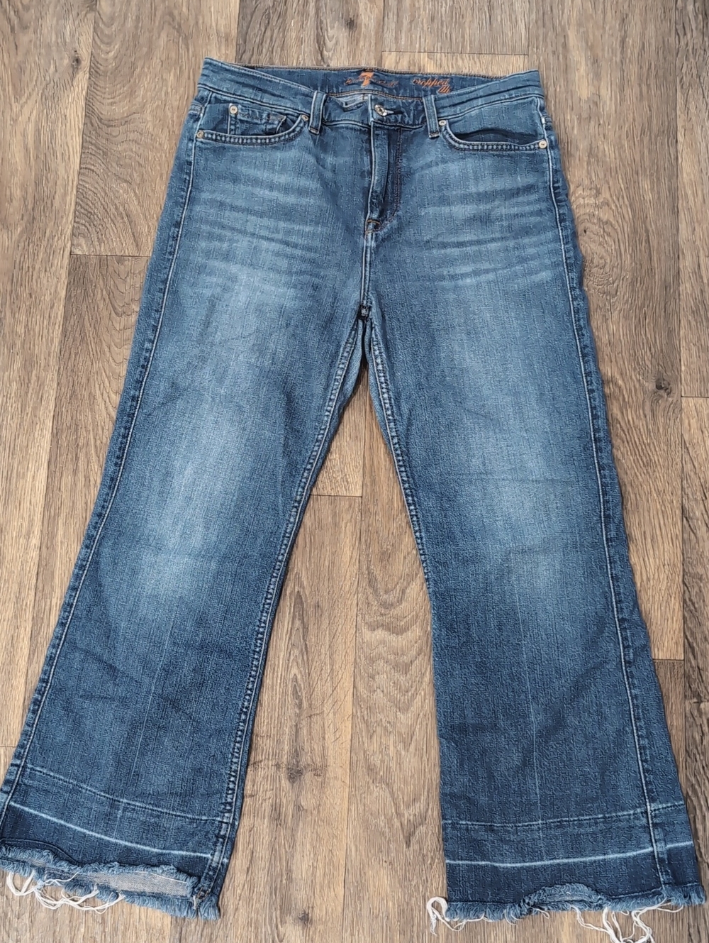 7 For All Mankind Medium Blue Wide-Leg Frayed Hem Jeans